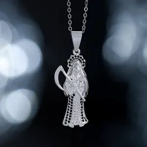 Silver-Tone Fashionable Pendant Necklace - Men's Santa Muerte Alloy Rhinestone Inlay with O Chain Jewelry necklaces for women vintage jewelry vintage jewelry dad gifts dad gifts chains with pendants cute mom gifts