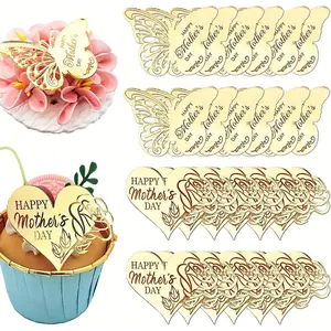 24 Pieces Happy Mother's Day Cupcake Toppers, Gold Mirror Acrylic, Butterfly and Rose Heart Designs, 2.16 x 1.57 Inch and 2.20 x 1.77 Inch