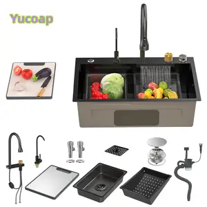 YUCOAP Black Waterfall Kitchen Sink, Stainless Steel Single Bowl Workstation Sink with Cup Rinser, Drop-In or Undermount Installation, Includes Accessories, 26.8 x 17.7 in  2