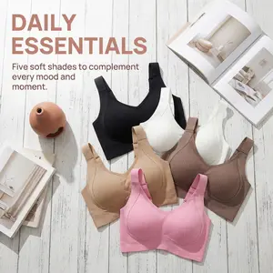 BOGO Women's 5 Pack Seamless Wireless Bras - Buttery Soft Ribbed Comfort Bralette, Adjustable Straps, Breathable No Underwire, Everyday Essentials for All-Day Comfort - Aesthetic, Womenswear