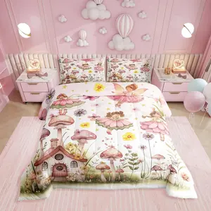 Pink Fairy Bedding Set,Flower Fairy Comforter Set for Girls Kids Room Decor,Mushroom Floral Quilt Bed Set,Watercolor Butterfly Flowers Bed Comforter Set