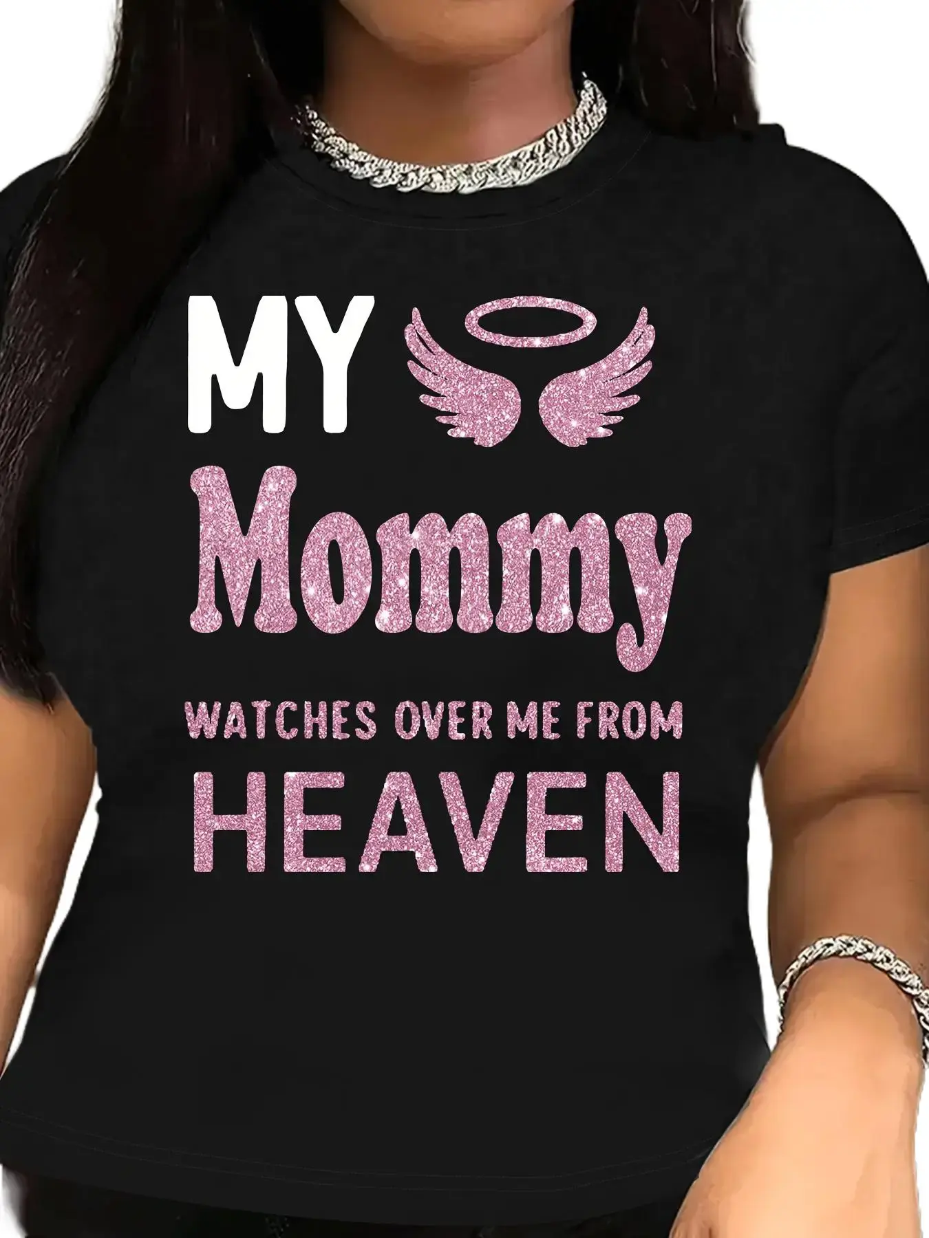 Unisex Cotton Graphic T-Shirt, Women's Angel Wings "My Mommy Watches Over Me from Heaven" Print, Loose-Fit Fashion Everyday Short Sleeve Top, Suitable for All Seasons, Ideal Memorial Gift for Mother Loss