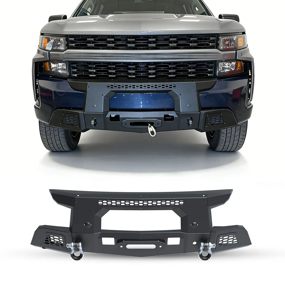 WOLFSTORM Painted Front Bumper, Custom Fit for 2019-2021 Chevrolet Silverado 1500, with 1 x Bull Bar, Detachable Decorative Frames, Pre-Reserved Winch Cable Guide Hole