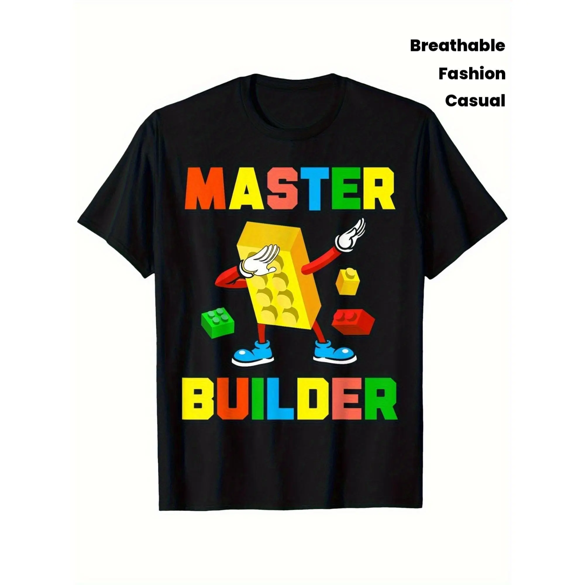 Youngsters' Master Builder Funny Building Blocks Graphic T-Shirt, Breathable Cotton, Crew Neck Short Sleeve Tee for Boys & Girls, Black with Colorful Blocks Design, Casual Streetwear Fashion Top, Building Blocks for Youngsters