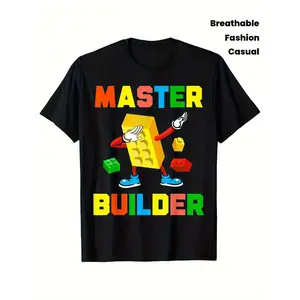 Youngsters' Master Builder Funny Building Blocks Graphic T-Shirt, Breathable Cotton, Crew Neck Short Sleeve Tee for Boys & Girls, Black with Colorful Blocks Design, Casual Streetwear Fashion Top, Building Blocks for Youngsters