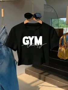 Women's Short Sleeve Crop Top Gym Sporty Style, Fitted Letter Print Design, Ideal for Yoga Running Daily Wear Gym Tee, Activewear T Shirt