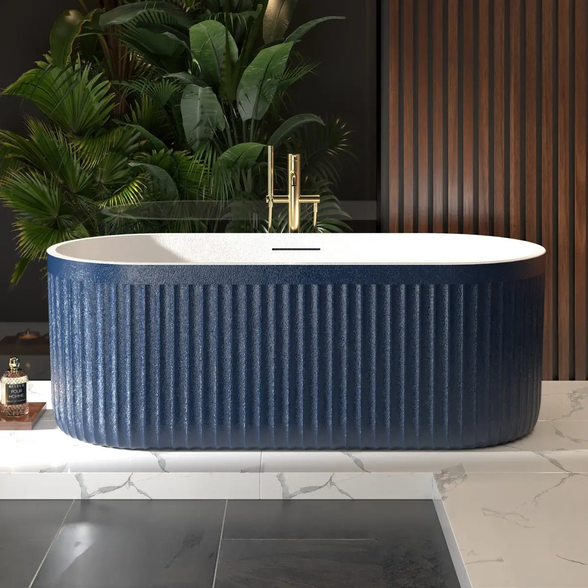 Allsumhome RockF 67" Oval Cast Rockstone Shape Large Freestanding Bath, Stone Touch, Prussian Blue, Scratch-Proof, cUPC Certified
