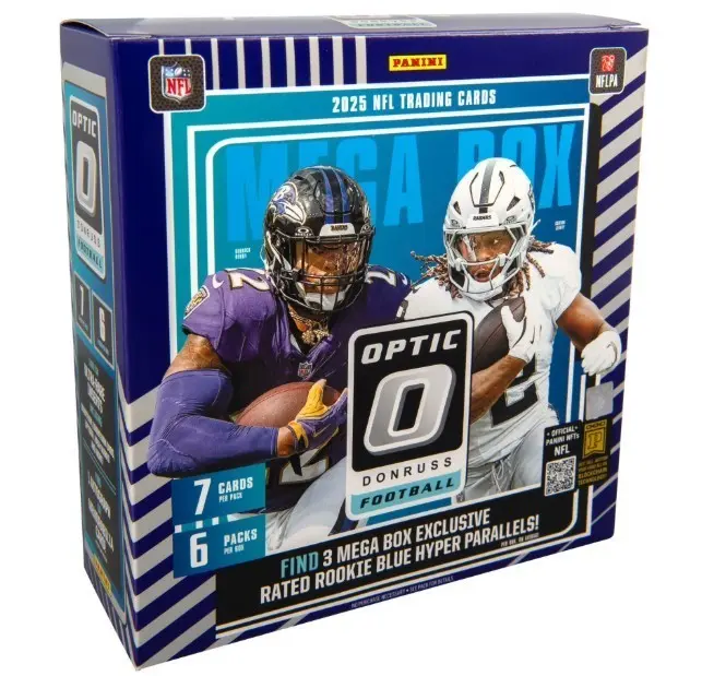 Panini 2025 NFL Trading Cards Optic Donruss Football Mega Box 6 Packs 7 Cards Each with 3 Exclusive Rated Rookie Blue Hyper Parallels