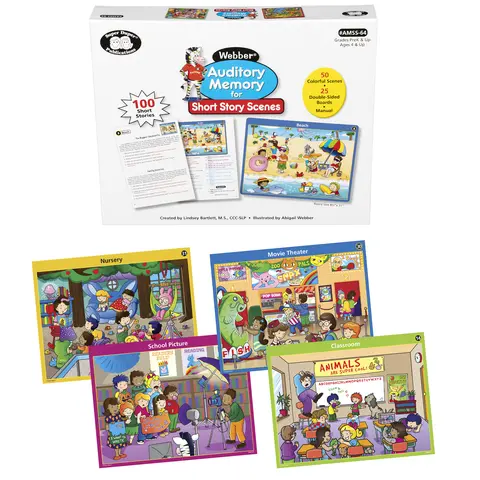 Webber Auditory Memory for Short Story Scenes 50 Illustrated Speech Therapy Cards WH Question Practice Who What Where When Why Listening Comprehension 1850 Questions SLP Classroom Special Education Resource
