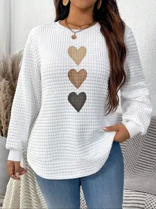 Waffle Heart Print Long Sleeve Sweatshirt, Casual Gentle Style, Loose Fit, Warm Thick Details, Suitable for Daily Commute, Womenswear