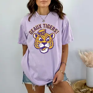 Comfort Colors® Purple Gold Louisiana Tigers Shirt, Geaux Tigers Tshirt, College Game Day Tee, Baton Rouge Louisiana Shirt, Plus Size Women's Football Tee