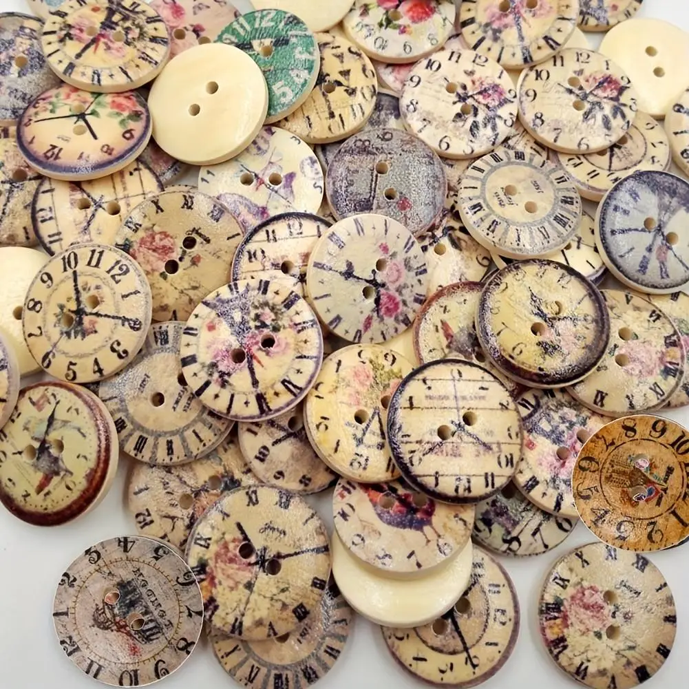 Mixed Style Wooden Clock Design Mini Button, 50pcs/set Round Double Hole Wooden Button, Sewing Accessories for Clothes, Diy Decorations
