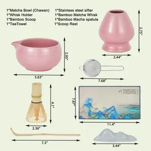 8 Piece Pink Matcha Set, Ceramic Bowl, Bamboo Whisk & Scoop, Stainless Steel Sifter, Chasen Holder, Tea Cloth & Spoon, Complete Matcha Starter Kit, Gift Set for Women