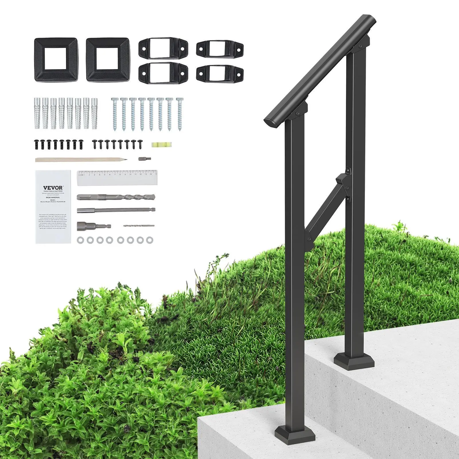 【SummerFinds】VEVOR Handrails for Outdoor Steps,  1-2 Step Stair Hand Rail Kit, Transitional Carbon Steel Railings with Installation Kit, Stair Rails for Seniors, Concrete Steps & Porch & Deck, Black Square Tube