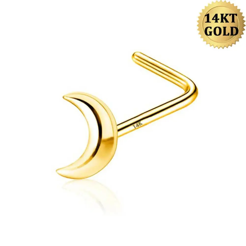 14K Gold Small Moon L-Shape Nose Stud