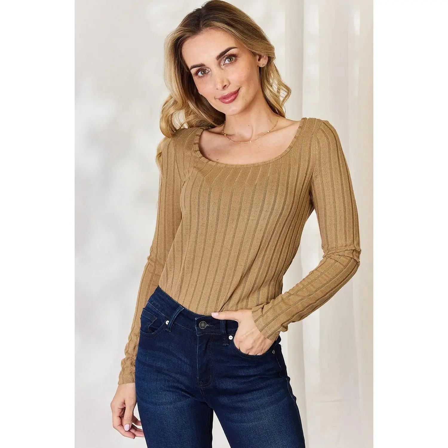 Women's Ribbed Knit Fitted Long-Sleeve Pullover Top, Soft Elastane-Polyester Blend, Casual Hip-Length Everyday Essential, Solid Colors, Comfortable, Cold Wash, S-3XL