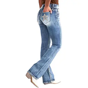 Bootcut Jeans for Women Mid Waist Embroidered Wide Leg Denim Pants