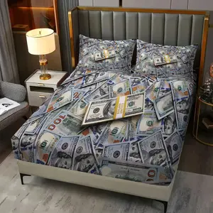 3-Piece Money Patterned Fitted Sheet Set,100 US dollars, Cash, USD Printed Bedding Set, Bed Sheet Sets ,Suitable for Those Who Love Money for Bedroom Decoration. The Material Is Soft, Breathable, and Comfortable, Including 1 Fitted Sheet and 2 Pillowcases