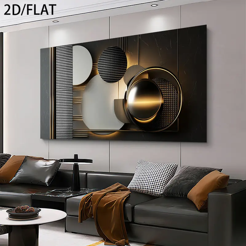 Wooden Framed Canvas Painting Wall Art2D flat wooden frame modern abstract geometric canvas wall decoration, dark spray-painted texture combined with metal rings, suitable for living room, bedroom, office decoration Wrapped in canvas Artistic Print
