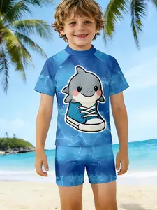 Adorable Cartoon Dolphin Kids Swimwear Set, Boys Short Sleeve Shorts Swimming, Beach Water Play Essential, All Seasons