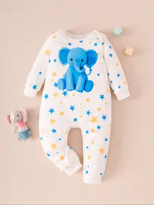Newborn Baby Boy Girl Blue Elephant Star Print Onesie, Autumn Winter Warm, Round Neck Design, Button Closure, Essential for Newborns, Baby Boy Clothes