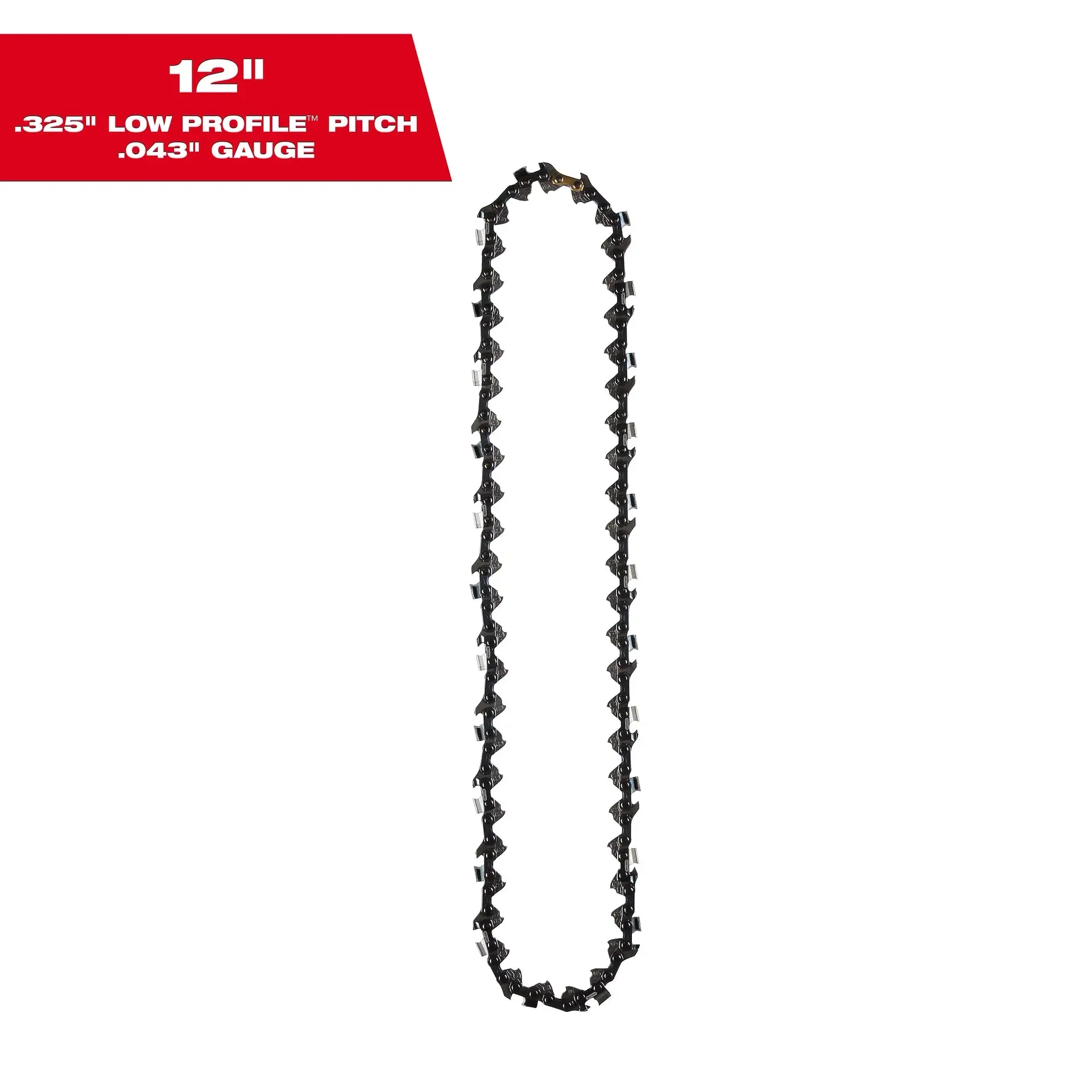Milwaukee 49-16-2742 12" .325" LOW PROFILE-Pitch, .043" Gauge Chainsaw Saw Chain for Hardwood, Narrow Kerf Design Maximizes Battery Efficiency & Prevents Stalls