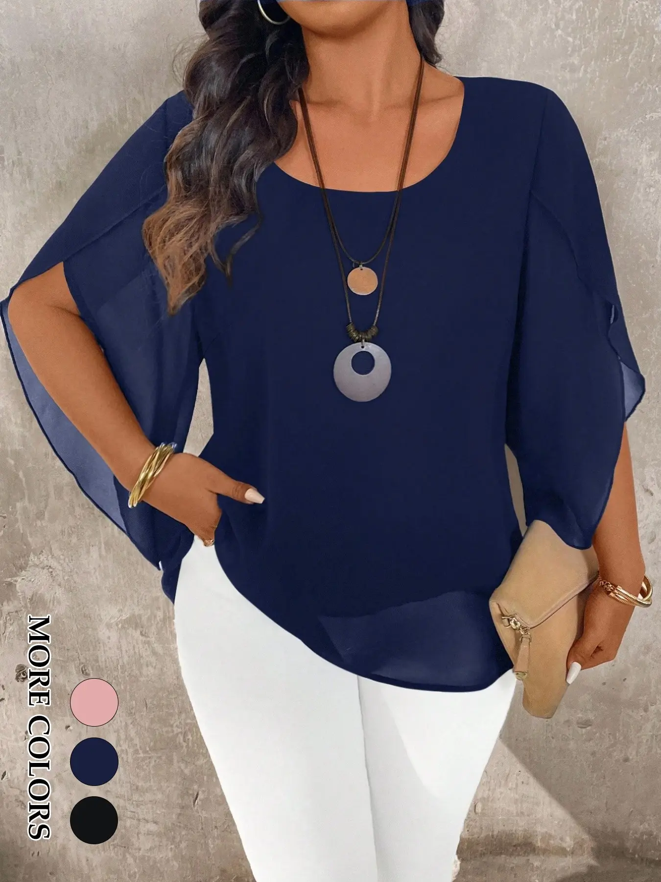 Women's Plus Size Elegant Fit Blouse Fashion Semi-Sheer Petal Sleeve Top, Double-Layer Fabric, Suitable for Office and Formal Events, Shirts, Business Work Tops