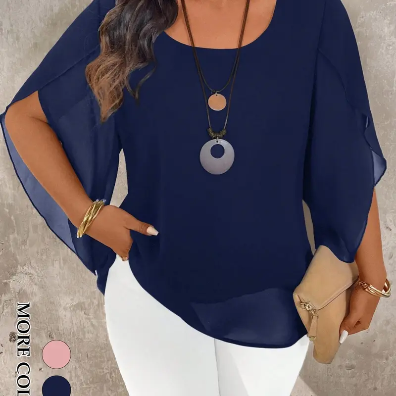 Women's Plus Size Elegant Fit Blouse Fashion Semi-Sheer Petal Sleeve Top, Double-Layer Fabric, Suitable for Office and Formal Events, Shirts, Business Work Tops