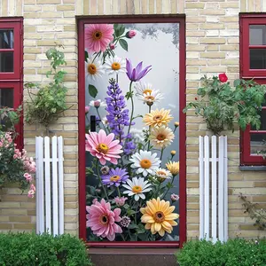 2pcs This decorative door wall sticker features a vibrant array of colorful flower patterns printed with high-definition watercolor technology including pink purple yellow white daisies and various othe