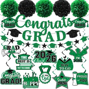 Green Graduation Decorations 2026, Graduation Decorations Class Of 2026 Green and Black Graduation Banner Graduation Congrats Grad Hanging Swirls for College Grad Party