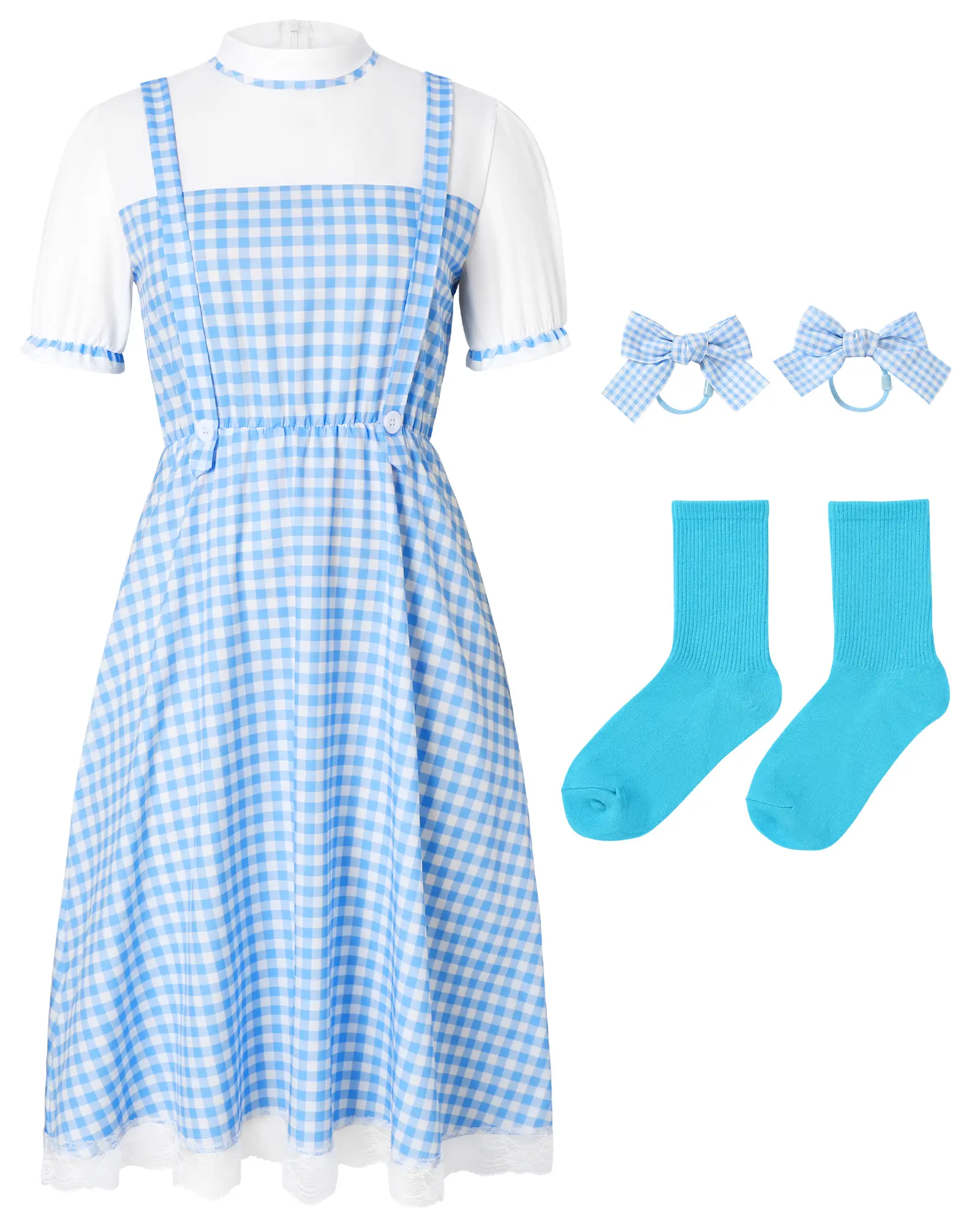 Women Costume Set, Adult Blue White Gingham Pinafore Dress with Plaid Bow Hair Ties & Turquoise Socks, Adult Halloween Book Week Cosplay Outfit
