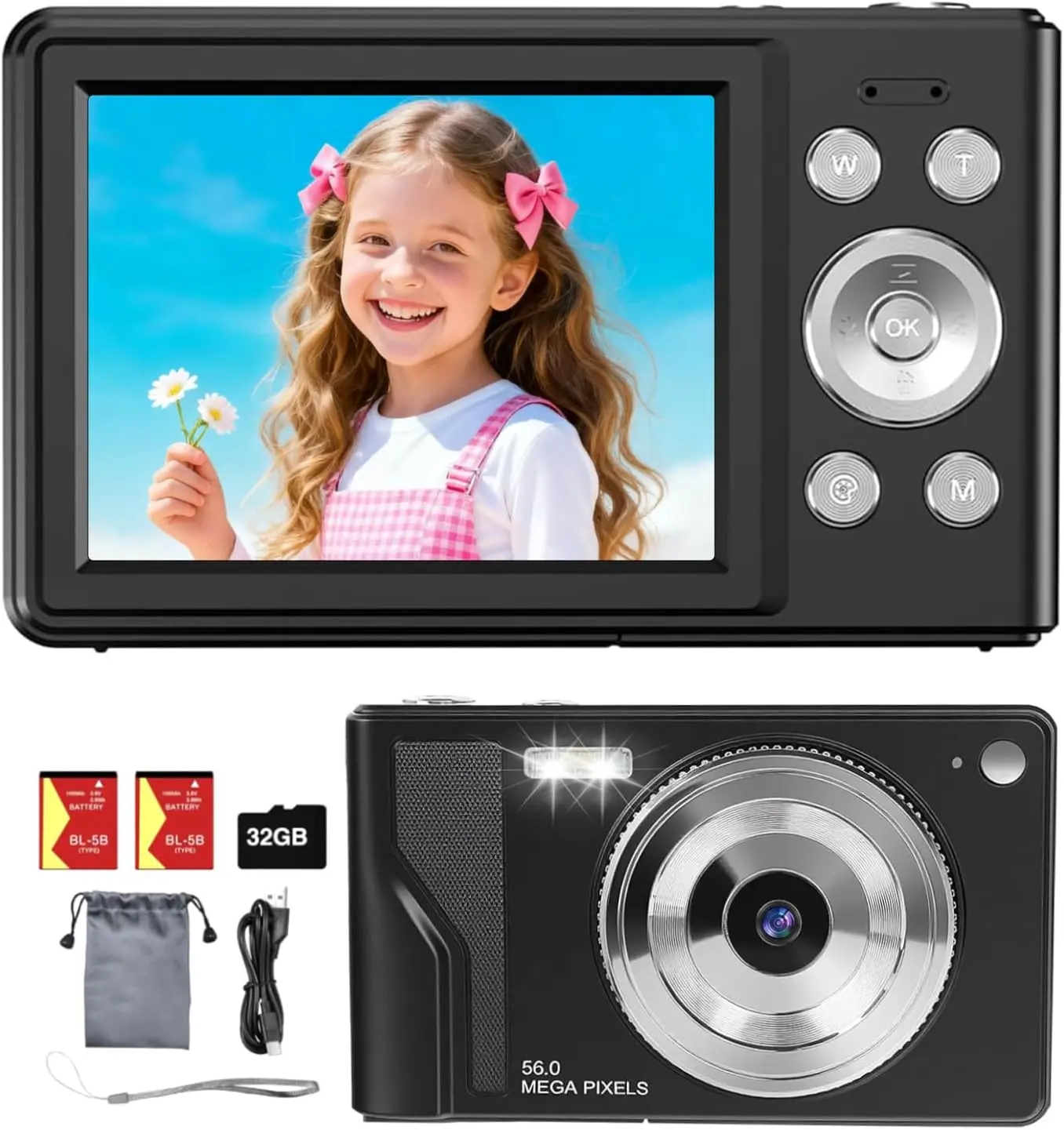 Digital Camera for , Teens & Beginners - 56MP 1080P FHD, 16X Digital Zoom, 2.8" LCD, 32GB TF Card & 2 , Compact Point-and-Shoot, Portable Starter Camera - Black