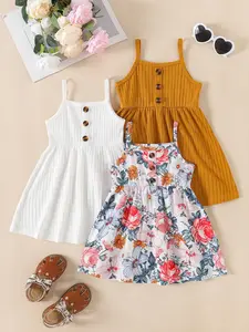 Baby Girls Floral Print Halter Dress Set, Cute Sleeveless Midi Dress, Loose-Fitting Plants Pattern, Three-Piece for Kids