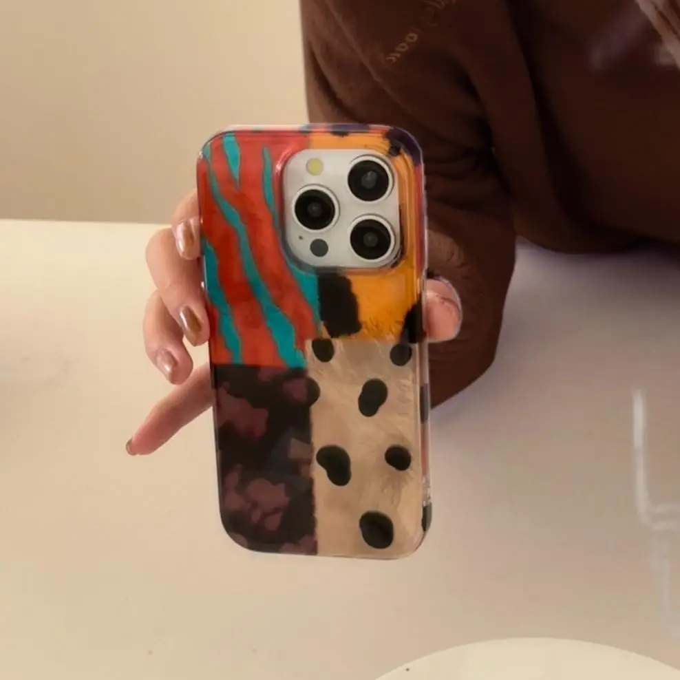 Colorblock Leopard Print Phone Case for iPhone 17 Pro Max, Vintage Style Dual Layer Cover, Fits iPhone 16/15/14/13/12 Models