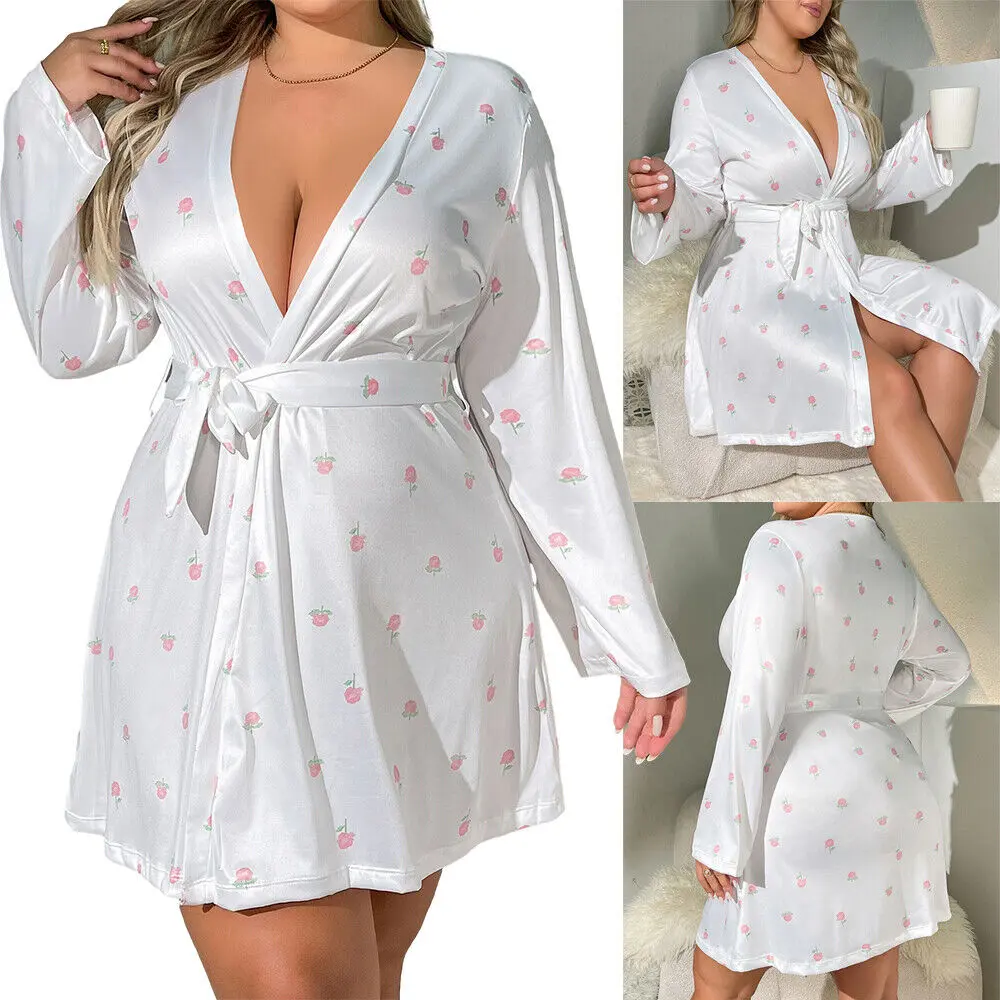 Plus Size Elegant Nightgown, Women's Plus Size Open Front Long Sleeve Robe With Belt