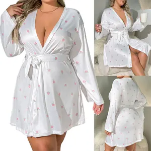 Plus Size Elegant Nightgown, Women's Plus Size Open Front Long Sleeve Robe With Belt