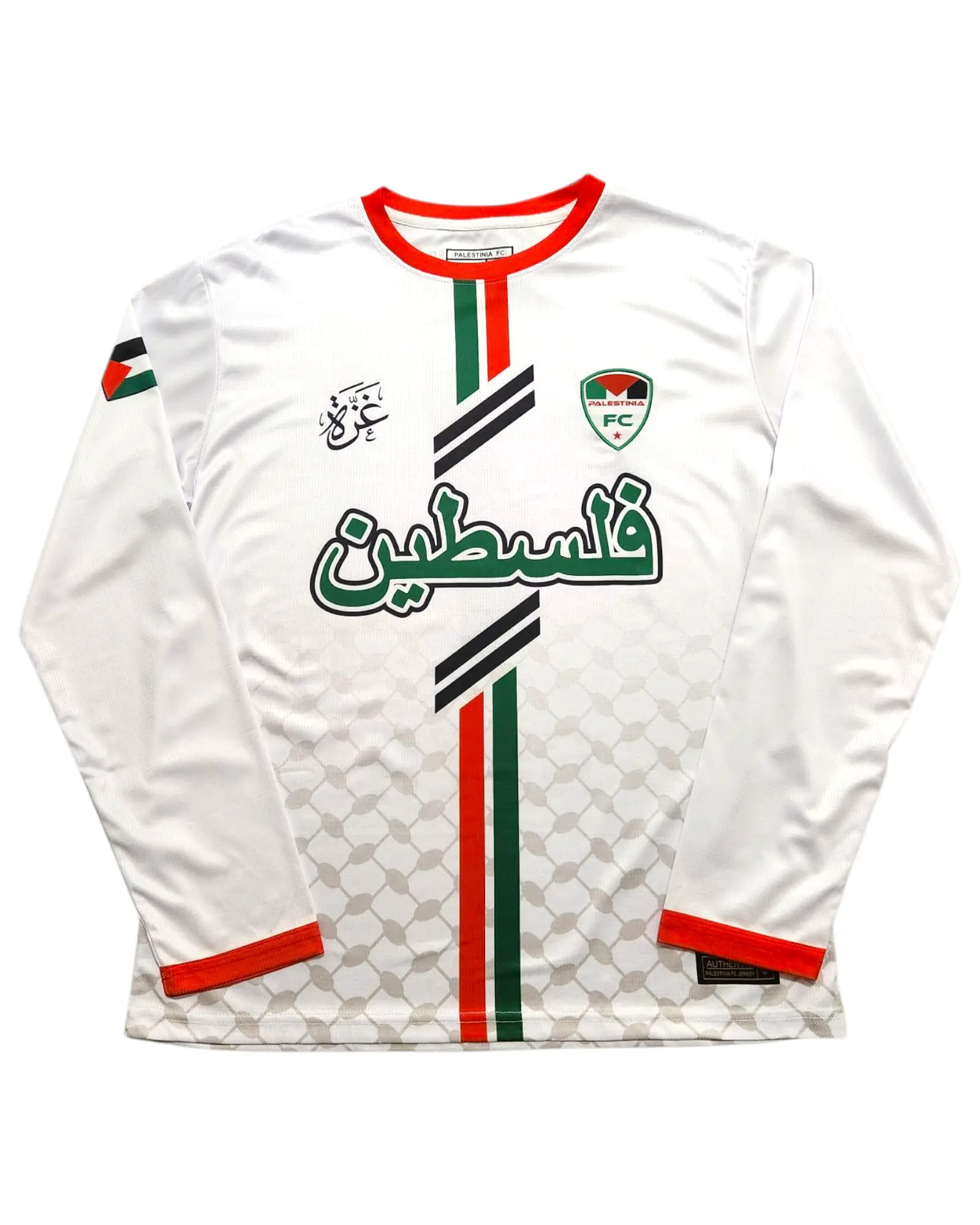 White Palestine Arabic Jersey (Green/Red Stripes) Long Sleeve