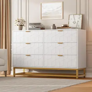 47.2 in Wide Modern Carved 6-Drawer Wooden Dresser - Storage Cabinet Chest, Full-Size Makeup Vanity, Gold Metal Legs & Handles, Metal Base, Easy Setup, Organizer for Bedroom, Living Room, Full-Size Makeup Vanities