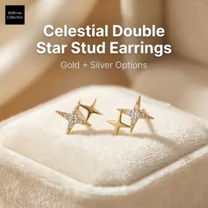 Celestial Double Star Stud Earrings  Crystal Pavé Starburst GoldSilver