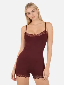 Series Women's Spaghetti Strap Lace Trim Breathable Playsuit, Solid Color Slim-Fitting Chic Playsuit, Seamless Sport & Outdoor Clothing, Summer Jumpsuits
