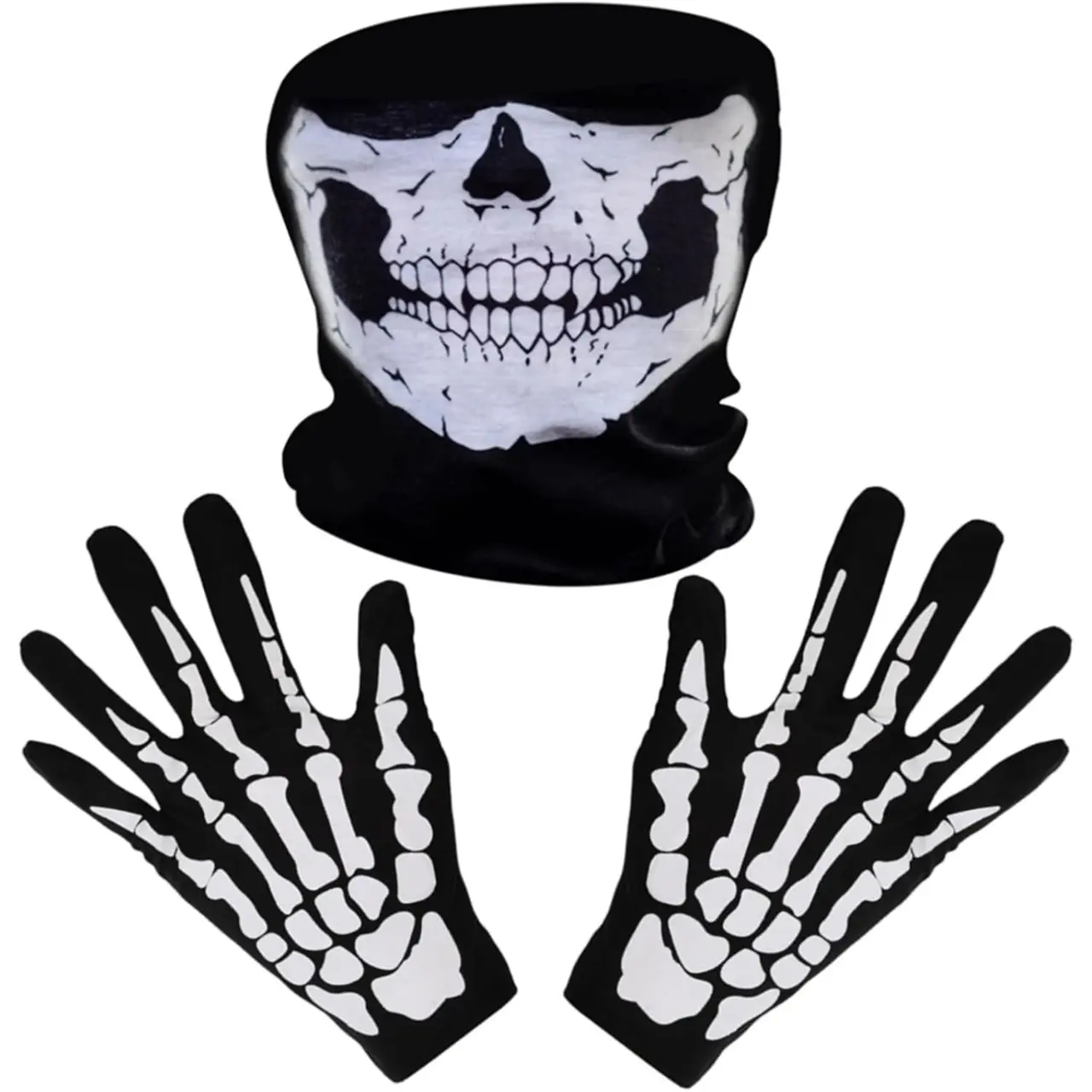 White Skeleton Skull Face and Gloves Set Ghost Bones for Halloween Biker Outdoor Sports Windproof Ghost Skull Ski Mask