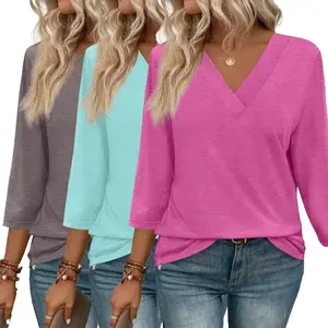 3/4 Length Sleeve Womens Tops V Neck Casual Tunic Tops Basic Shirts Loose Fit Blouse