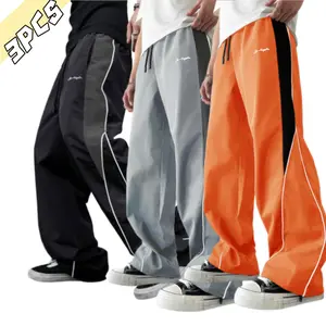 3-pack wide-leg casual pants with side stripes; contrast color paneling with visible side lines; drapey, breathable, skin-friendly fabric; loose fit without restriction; ideal for casual sports and everyday wear.