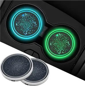 2 Pack LED Cup Holder Lights Car Coaster Changing USB Charging Mat Luminescent Cup Pad Interior Atmosphere Lamp Decoration Light IP67 Waterproof Vibration Sensing Auto On/Off Smart Sensors