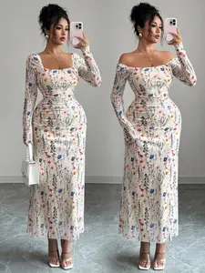 French Style Casual Elegant Mesh Embroidery Floral Square Neck off Shoulder Ruched Tight Fit Skirt, Fall Women's Fabric Dress