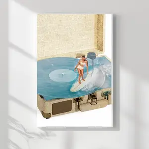 Coastal Groove Printable Wall Art, Retro Vinyl Beach Surf Summer Poster, Funky Coastal Aesthetic Print, Disco Collage Trendy Ocean Inspired Room Decor, Vintage Home Artwork