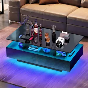 High Gloss LED Coffee Table with 4 Drawers Storage Modern End Table Living Room