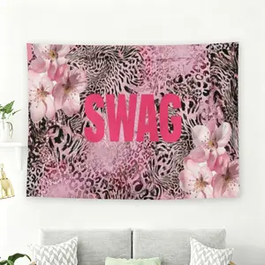 Pink SWAG Typography on Cherry Blossom Leopard Print Background Wall Flag, Girly Y2K Aesthetic Room Decor, Boho Room Decor
