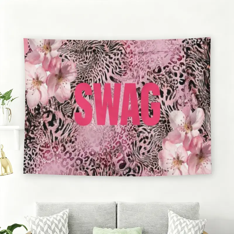 Pink SWAG Typography on Cherry Blossom Leopard Print Background Wall Flag, Girly Y2K Aesthetic Room Decor