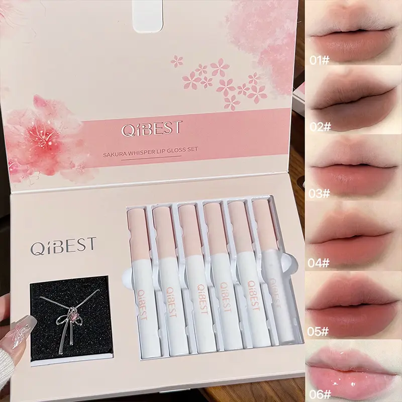 Sakura Honey Lip Gloss Set, Cosmetic Makeup, Mirror Effect Glossy Lip Glaze, Matte Velvet Creamy Lipsticks, Includes 5 Lip Mud, 1 Lip Milk, 1 Necklace